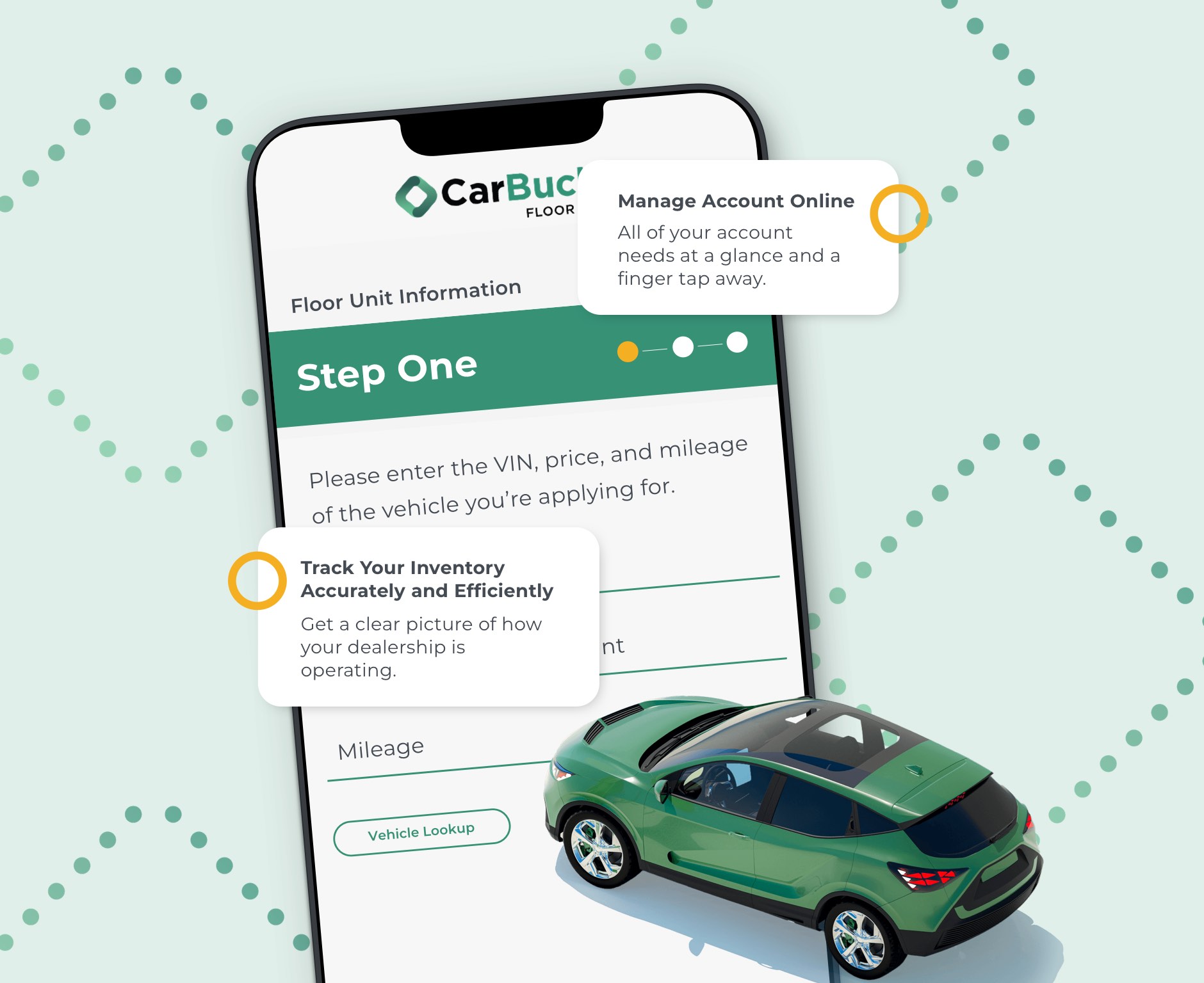 A phone with the CarBucks app on the screen, text callouts and a green car.